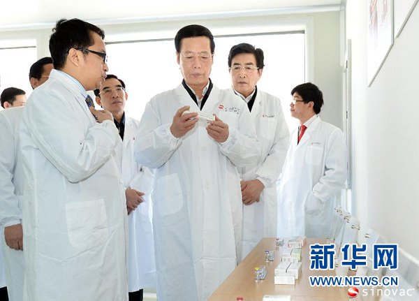 3月28日下午，中共中央政治局常委、国务院副总理张高丽到北京中关村国家自主创新示范区调研。29日上午，张高丽在北京召开企业家座谈会。这是张高丽在德晋贵宾厅控股生物技术有限公司观看产品展示。新华社记者 李涛 摄